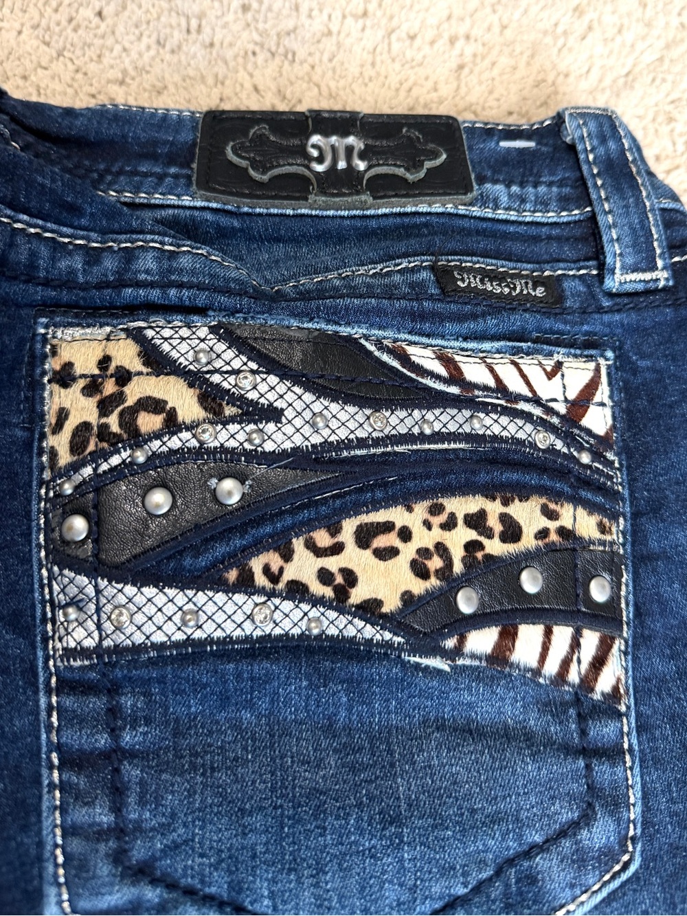Miss Me Women’s Boot Jeans 32 Dark Wash Studded Animal Print Stretch y2k leopard